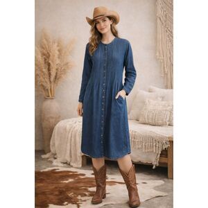 Vintage Denim Button Front Pintuck Western Midi Dress Long Sleeve Pockets Siz10
